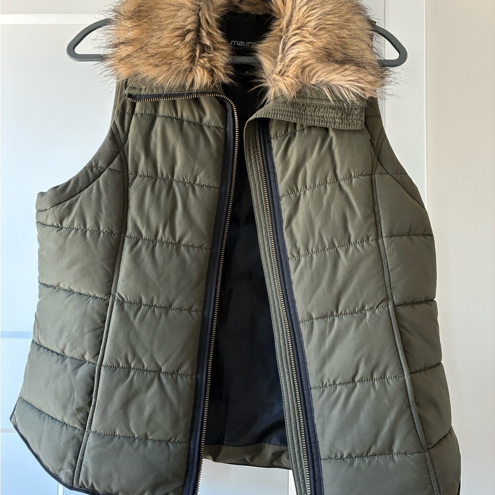 Maurices Khaki Puffer Vest with Faux Fur Trim